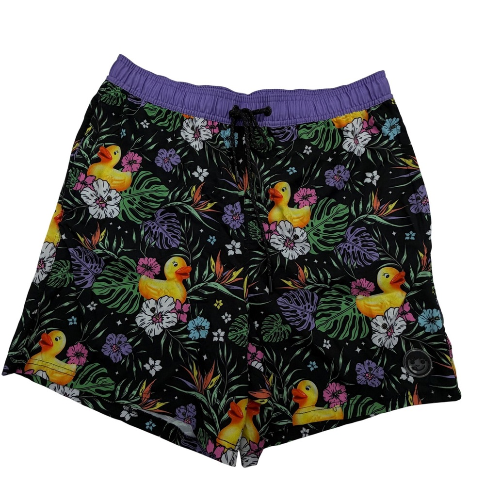Neff Mens XL Swim Trunks Rubber Ducky Tropical Floral Board Shorts Black Purple